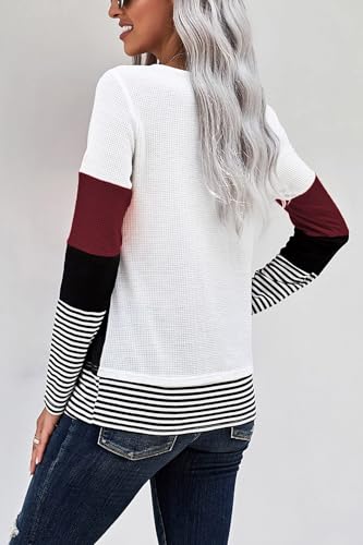 KINGFEN Womens Long Sleeve Color Block Tops Striped Casual Crewneck T Shirts Waffle Knit Sweaters4