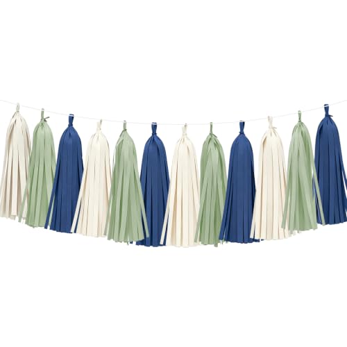 Image of Navy Sage Green Tassel Garland for Wedding Decor Baby Shower Decorations