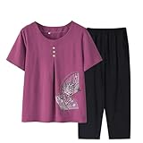 [THVOELU] レディース 半袖 Tシャツは ワイドパンツ 上下2点セット 中高年女性のおばあちゃんサマードレス 高齢者母親ツーピース高齢者服トップ 大きいサイズ 五分袖 夏着 婦人服 (ピンク,XL)