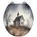 Round Toilet Seat Watercolor small church hill Moody foggy late Resin Toilet Seat Slow Quiet Close with Quick-Release Hinges Toilet Seat with Cover Easy to Clean Install