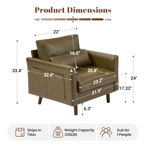 Image of Kingfun Faux Leather Armchair Sofa with Side Pocket,Olive Green