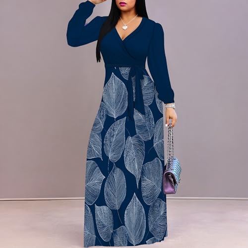 Image of PinkPatty Plus Size Dresses for Curvy Women V Neck Flowy Long Sleeves Wrap Maxi Dress Travel Vacation Outfits