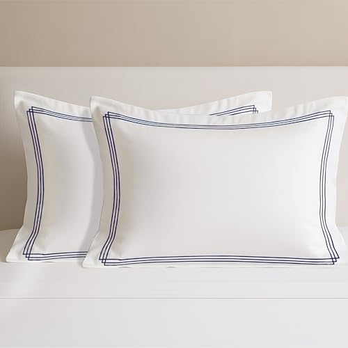 Image of Pure Cotton 500 TC Solid Pillow Cover Set | Greek Embroidered Pillow Cover Set | Percale Weave | 18 X 27 Inches (2, White - Triple Navy Blue)