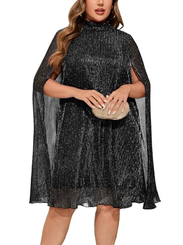 ZOMVA Plus Size Sparkly Cape Sleeve Short Dress High Neck Loose Fit Flowy Dresses Cocktail Party Dress