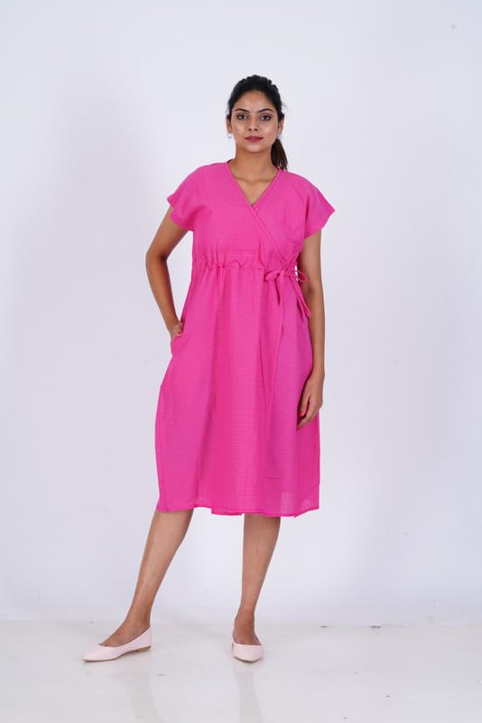 MENMAII Cotton Wrap Dress [Size - L- 4XL ] - Full Open Multipurpose Night Gown -a Kind of Adaptive Clothing with Pocket for Women |Full Length [Dark Pink Kantha Plain- XXL/Knee Length ] - Image 6 thumbnail