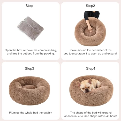 Image of Dog Calming Beds for Large Dogs Round Donut Washable Large Sized Dog Bed | Anti-Slip Faux Fur Fluffy Donut Cuddle Anxiety Pet Bed Up to 95 Lbs(36 inch Khaki)