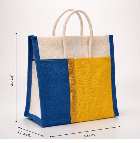 Image of Soman Jute Thamboolam Bags for Return Gifts Yellow and Royal Blue Combo - Pack of 10 bags