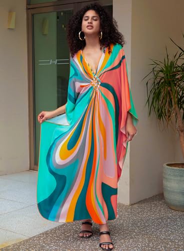 Image of Yanziliu Kaftan Dress for Women,Plus Size Hawaiian Batwing Sleeve Beach Cover Up Summer Swimsuit Dresses