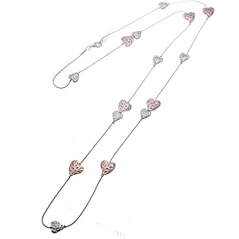 Long Necklace with cascading battered hearts in Rose Gold and silver- Statement Necklace- Birthday Gift Cover