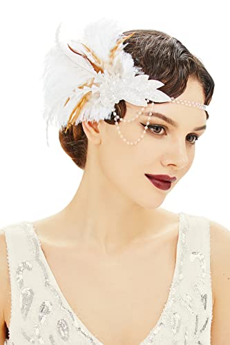 BABEYOND 1920s Headpiece Flapper Headband - Roaring 20's Sequined Showgirl Hair Band with Feather (White)