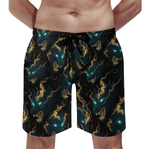 Hawaiian Shorts for Men - Comfy Golden Green Lightning Wolf Print Mens Swim Trunks Bathing Suits with Mesh Lining - Main Image
