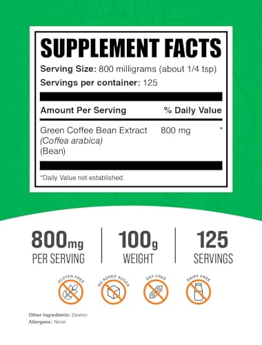 BulkSupplements Green Coffee Bean Extract Powder - Green Coffee Bean Supplements - Energy Support, Gluten Free, 800mg per Serving, 100g (3.5 oz) (Pack of 1)