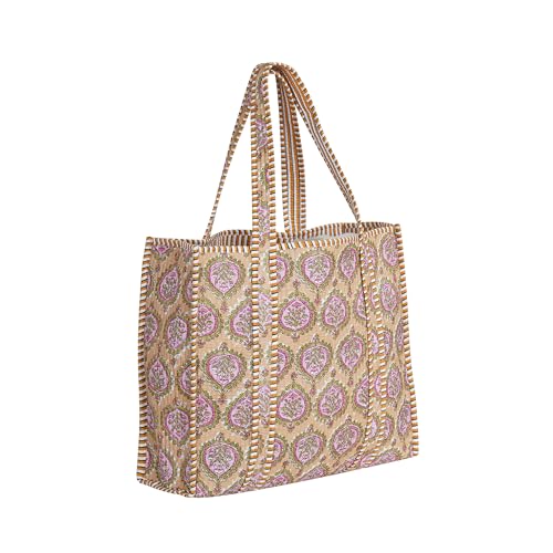 Image of Cotton Tiger Block Print Tote Bag, Indian Handmade Shopping Shoulder Bag, Unisex Market Daily Use