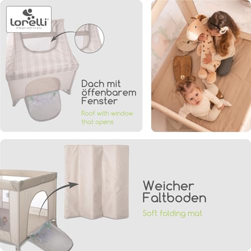 Lorelli Baby Laufstall My Place mit Dach, kleiner Laufgitter 100x100 cm, Absperrgitter mit atmungsaktivem Netz, Schutzgitter mit Reißverschlusstür, faltbarer Krabbelgitter, Beige