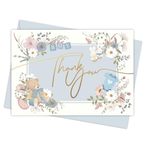 Honeyplum Baby Shower Thank You Cards For Boy With Gold Foil Text - Bulk Set of 48 Cards With Matching Blue Envelopes - 3.5 x 5 Inches