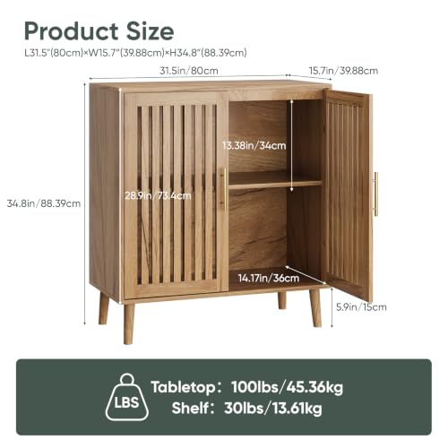 Image of Smart FENDEE Sideboard Cabinet, 31.5 inch W Farmhouse Buffet Cabinet with Slatted Doors & Adjustable Shelf, Wooden Coffee Bar Storage Station for Kitchen, Dining Room, Living Room, Entryway, Natural