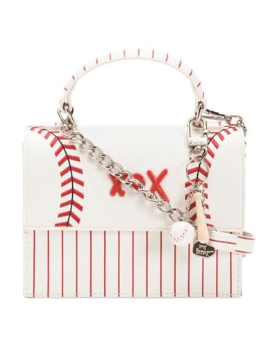 Betsey Johnson Baseball Crossbody Bag White Leather with Charms Pinstripe Design Triple Compartment Adjustable Strap