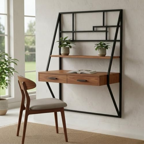 Image of Wall Mount Study Table Laptop Desk for Home & Office with 2 Drawer Storage Wall Mounted Tablefor Desktop - Engineered Wood Modern Top Study Table /Computer Table for Home PC (Luca)
