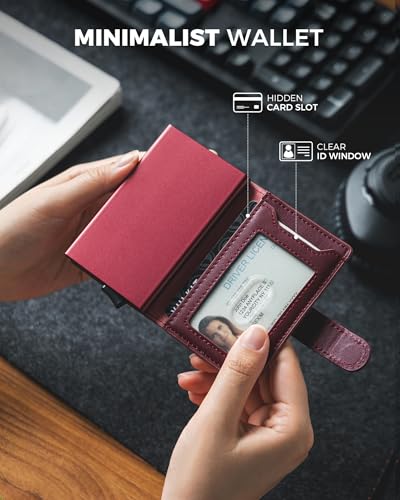 Image of VULKIT Slim Bifold Pop up Wallet Minimalist Leather Card Holder RFID Blocking Metal Card Case with ID Window for Women | with Leather Slots