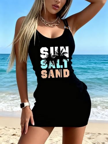 Image of Live Simple Coconut Tree Color Block Mini Dress for Women Summer Beach Vacation Tank Dresses Sleeveless Short Dress