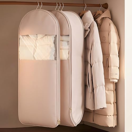 2025 New Space Saving Hanging Garment Bag with Self Compression Zipper, Upgrade Dust Cover Clothes Bags for Down Coat, Closet Organizers Heavy Duty Garment Bag Winter Coat Storage (Beige, L)3