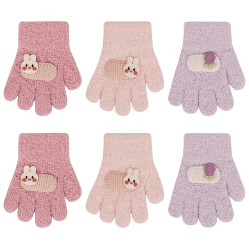 QKURT 3 Paar warme Kleinkinder-Strickhandschuhe, weiche Thermo-Magic-Handschuhe, Baby-Fäustlinge für Jungen und Mädchen, dicke, gefütterte Fleece-Fäustlinge für tägliche Wärme, Alter 1–3 Jahre