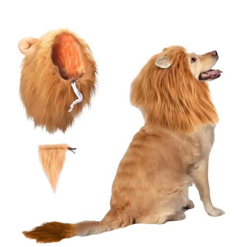 Dog Halloween Costume Lion Mane Costume for Medium and Large Dogs, Realistic Adjustable Lion Wig and Tail Dog Costume, Lion Mane for Halloween Christmas Cosplay Party (Light Brown, Size L)