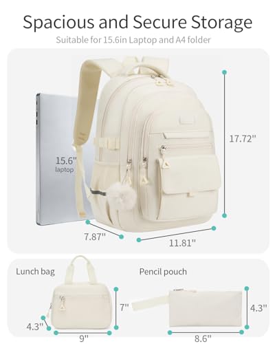 Image of Girls School Backpack Set with Lunch Box, Teens Bookbag for Highschool Elementary Middle School Cute Back Pack, Beige-3 packs