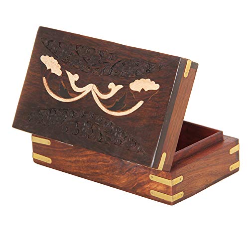 Store Indya Wooden Jewelry Box Trinket Chest Keepsake Boxes Handmade Decorative Storage Box Organizer Box Home Decor Gifts (Rectangle - Floral Carvings Brass Inlays) Mother's Day Gift #TOP4
