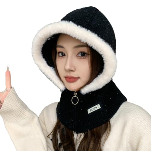 Hooded Scarf for Women Men Zip-up Balaclava Thickened Warm Knitted Hat with Ear Protection 2-in-1 Neck Gaiter Fall Winter