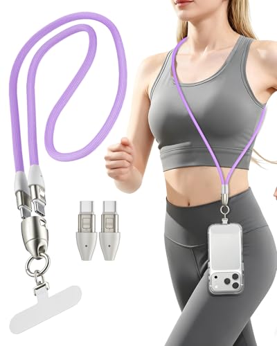Image of Phone Lanyard Charging Cable, Type-C to USB-C 120cm 240W Fast Quick Charge Crossbody USB-C Strap 480Mbps Data Sync Anti Theft Purple Shoulder USB2.0 OTG Cord