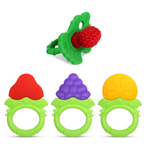 Image of RaZbaby RaZberry Teether + Fruitique Bundle - Fruit-Shaped Multi-Textured Baby Teether Toys Soothe Sore Gums, Non-Toxic BPA-Free Food-Grade Silicone, Hands-Free & Easy to Hold, 3M+