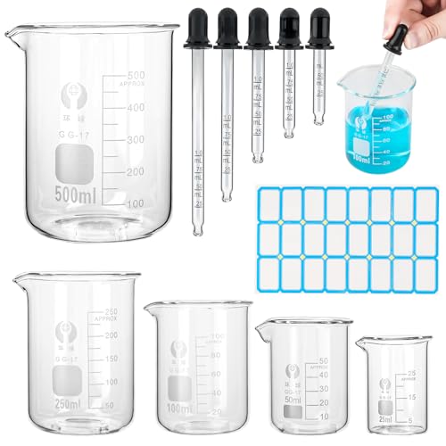 5 Stück Becherglas Set, 25ml/50ml/100ml/250ml/500ml Messbecher Glas, Borosilikatglas Messbecher mit Messskala, Bechergläser mit Graduierter Tropfer und Aufkleber für Labor