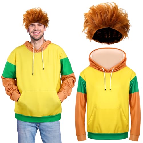 Zoooyawn 2 Pcs Halloween Hotel Costume Kit Include Short Orange Cosplay Wig and Yellow and Green T Shirts for Adult Men Party (M)