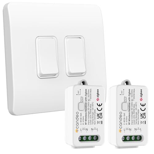 Candeo Wireless Kinetic Dual Light Switch (2-Gang) & 2 x Zigbee Compatible RF Receiver Modules Kit | No Wiring or Batteries for switch | Easy Installation & Eco-Friendly Modular Lighting Control