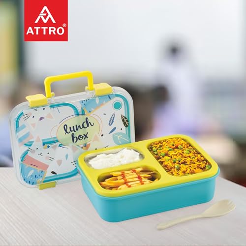 Image of ATTRO Kitty Kart Plastic Lunch Box - 3 Compartment Bento Tiffin, Leak-Proof & Durable, Plastic Cutlery, Ideal for Kids, School,Picnic - 800ml, Yellow Blue
