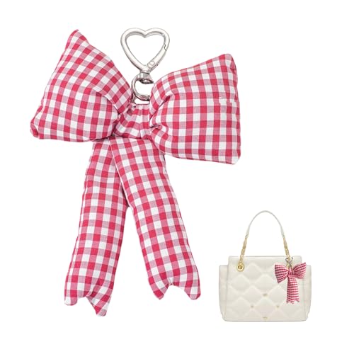 Image of Pink Bow Keychain Bag Charms Y2K Bowknot Plaid Keychains Coquette Aesthetic Purse Handbag Backpacks Charms (Red Houndstooth)