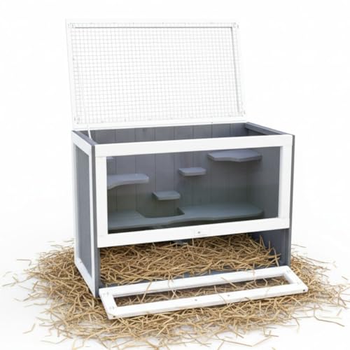 Melko Hamsterkäfig XXL Holz Grau Weiß – Mehrstöckiger Nagerkäfig mit 5 Ebenen, Plexiglas Scheiben, aufklappbarer Deckel, Kleintierkäfig für Hamster & Kleinnager