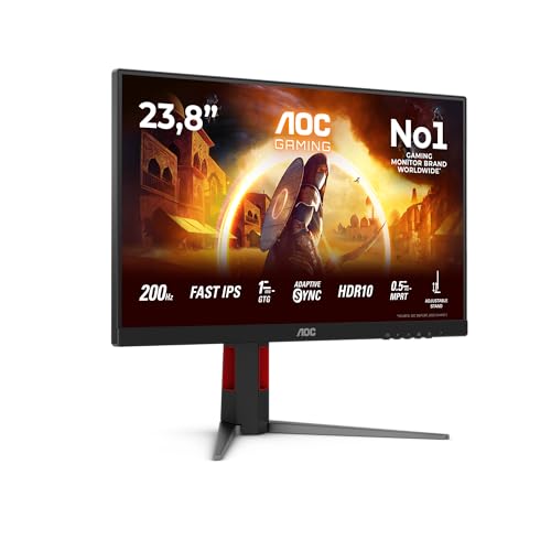 AOC 24G4HA 23.8 inch FHD Gaming Monitor 200Hz, Fast IPS Panel, 0.5ms MPRT, Adaptive Sync, HDR10, G-Sync Compatible, Height Adjustment, Speakers, (1920x1080 HDMI 2x 2.0 DP 1x 1.4) Black