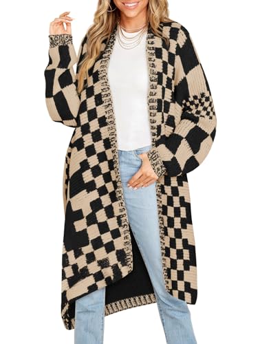 Saodimallsu Womens Checkered Long Cardigans Chunky Oversized Open Front Batwing Sleeve Color Block Knit Sweater Coats