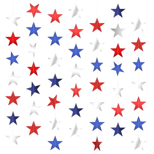 Image of Red White and Blue Star Garland Banner, 66 Feet Patriotic Star Hanging Streamer 4th of July Banner Star Backdrop Decor for 4th Fourth of July Independence Memorial Veterans Labor Day Party Decorations