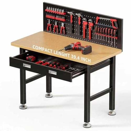 IGERI 39.4' Workbench with Drawer and Pegboard - Heavy Duty Steel Garage Work Table, Small Tool Bench for Workshop, Woodworking, Crafting & Repair