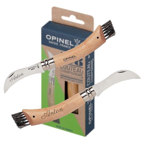 OPINEL Pilzmesser N08 mit Bürste & persönlicher Gravur hochwertiges Klappmesser für Pilzsammler aus Edelstahl und Buchenholz
