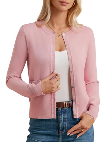 GRACE KARIN Chaqueta de punto para mujer, manga larga, cuello redondo, frontal abierto, cárdigan ligero, boleros básicos con bolsillo, Rosa., XXL