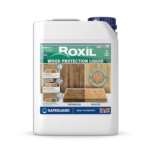 Roxil Liquide Imperméabilisant pour Bois - 5 litres - Jusqu'à 10 ans de Protection Hydrofuge pour Bois Extérieur, Terrasse, Clôture, Cabanon, Abris et autres Meubles...