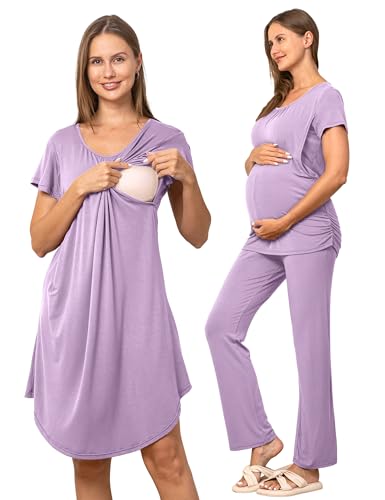 Image of SUNNYBUY Women 3 PCS Maternity Nursing Nightgown Dress & Short Sleeve Breastfeeding Top & Pregnancy Pants Sleepwear Set