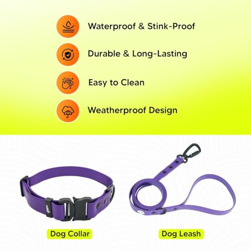 Image of Adil's Biothane Waterproof Dog Collar, Dog Leash & Collar Leash Combo | Heavy Duty TPU Coated Webbing | Adjustable Quick Release Buckle | Odour Resistant (Purple, M-18, Collar & Leash Combo)