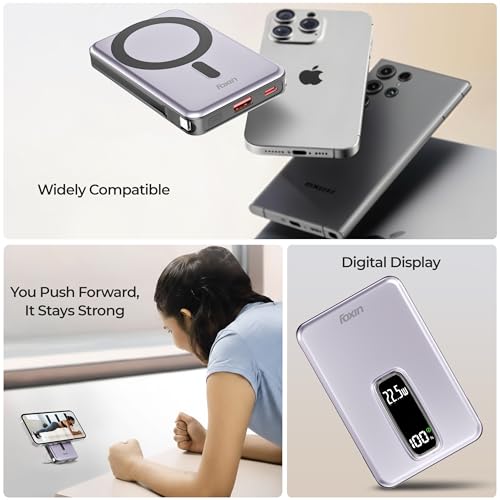 Image of Foxin Mag One Wireless 10000mAh Fast Charging Power Bank with Metal Stand | USB Type C Input & Output, 22.5W Portable Charger for iPhone 12 & Above, Android & Qi Enabled Devices | Meteor Grey