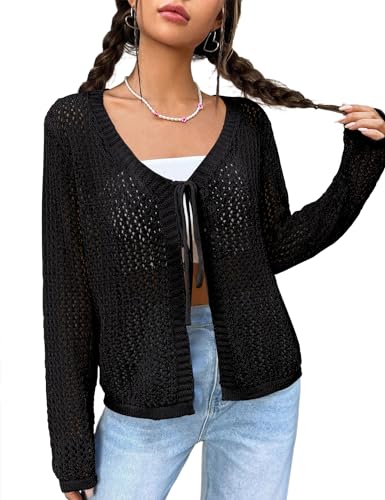 Womens Lightweight Crochet Cardigan Tie Front Shrugs Knit Crop Tops