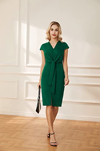 Grace Karin Summer Modest Short Sleeve Midi Dresses For Women Belted Slit Bodycon Dresses For Work Office Elegant Business Casual Outfits Dark Green L #TOP1